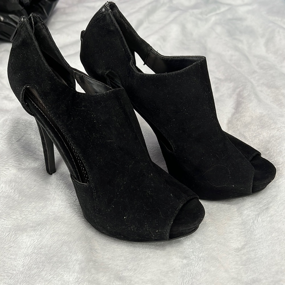 Black Suede Peep-Toe Stiletto Heels